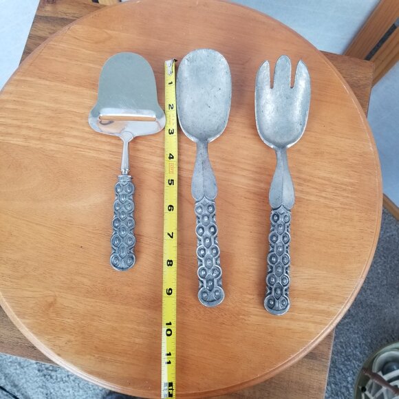 Pewter Serving Utensils "Old Norse" Pattern Salad Spoon Fork Cheese Slicer 3 PC - Picture 11 of 12
